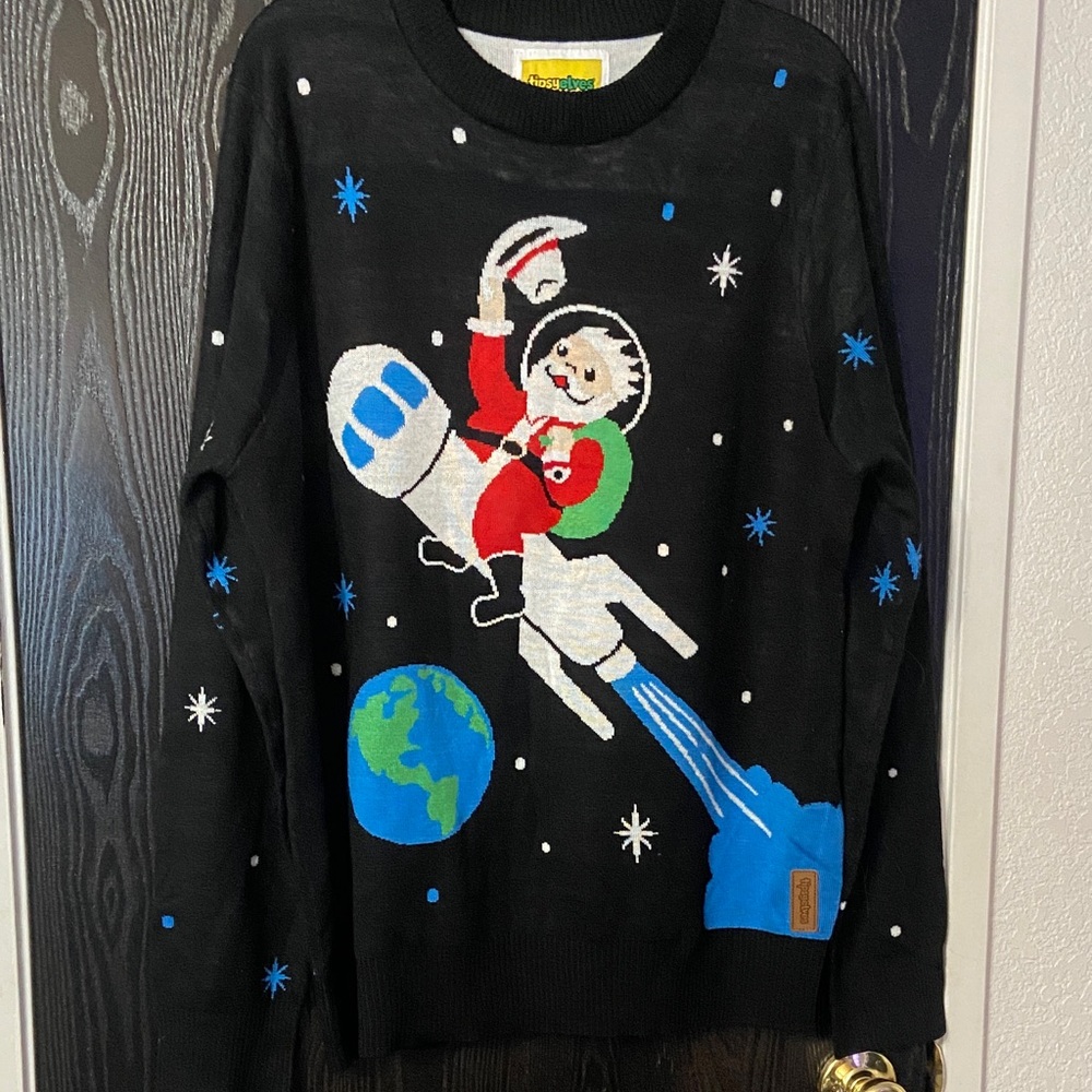 Tipsy Elves Santa Cowboy Astronaut On Black Rocket Sweater Size XL